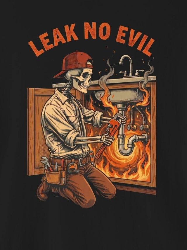 Leak No Evil plumber skeleton design — Boneyard plumbing tees