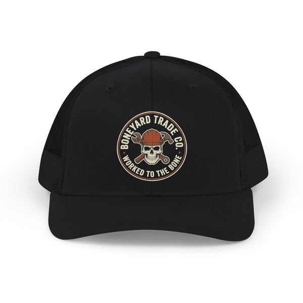 Embroidered skull trucker snapback cap — Boneyard Trade Co.