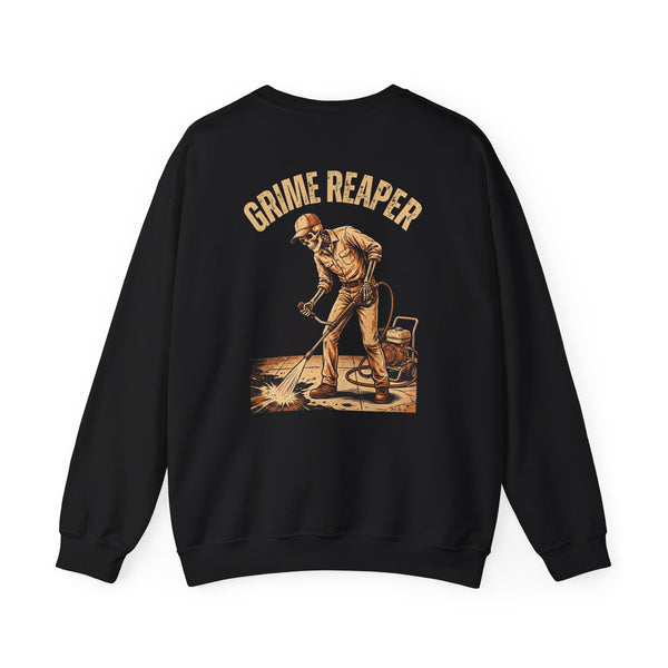 Black/white crewneck, back print: Grime Reaper (Pressure Washer) — Boneyard