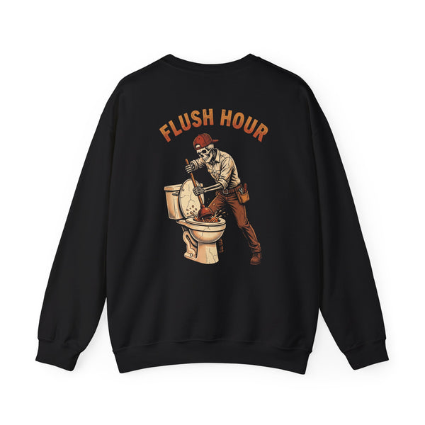 Black/white crewneck, back print: Flush Hour (Plumber) — Boneyard