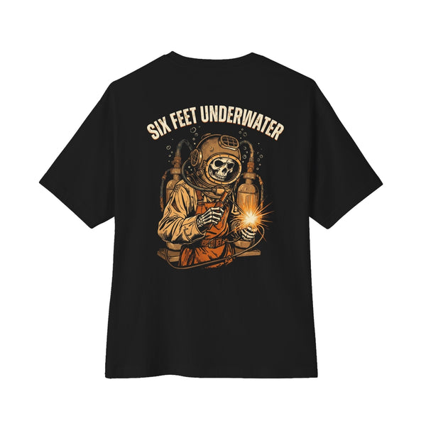 Black tee, back print: diver skeleton design on white — Boneyard