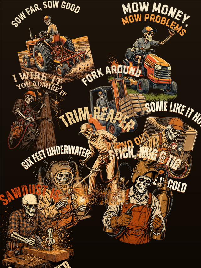 Skeleton-tradesman back-print crewnecks — Boneyard Trading Co.
