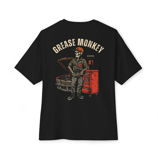 Black heavyweight tee, back print: Grease Monkey Union Local #1 skeleton mechanic — Boneyard