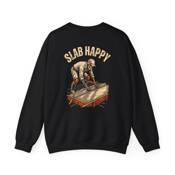 Black crewneck, back print: Slab Happy (Concrete Finisher) — Boneyard