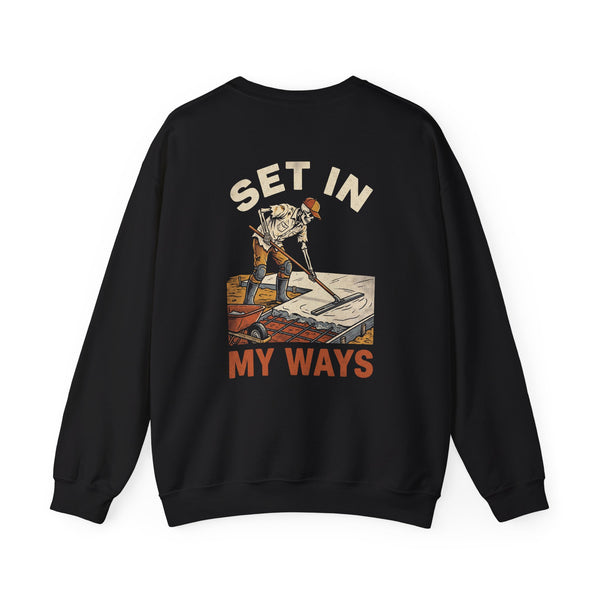 Black/white crewneck, back print: Set In My Ways — Boneyard