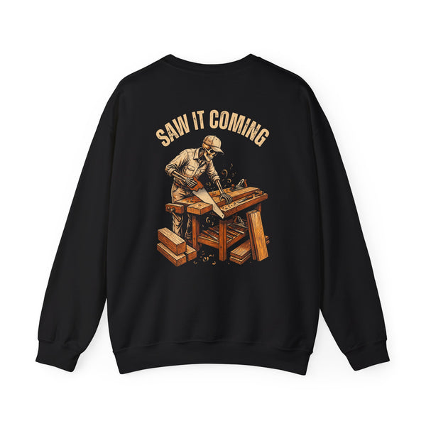 Black/white crewneck, back print: Saw It Coming — Boneyard