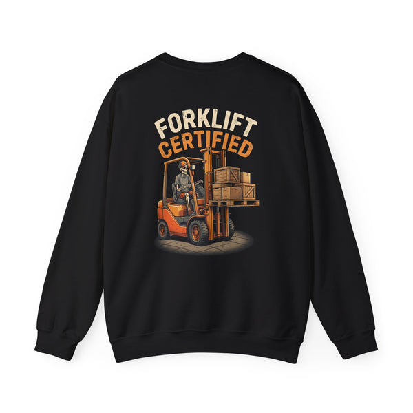 Black/white crewneck, back print: Forklift Certified — Boneyard