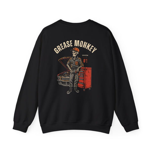 Black/white crewneck, back print: Grease Monkey Union Local #1 — Boneyard