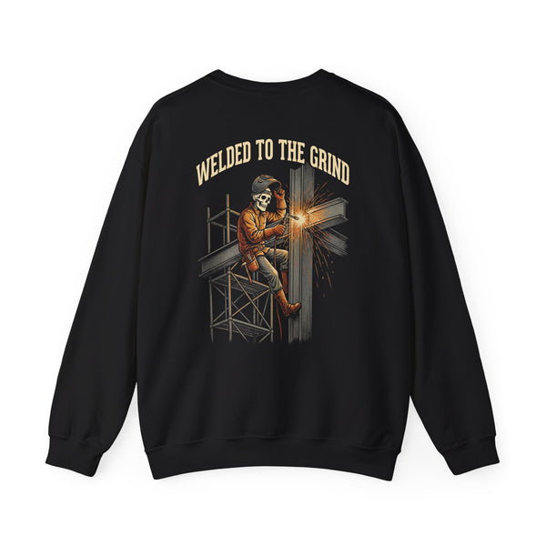 Black/white crewneck, back print: Welded To The Grind — Boneyard