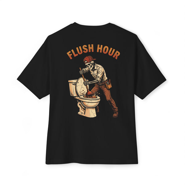 Black heavyweight tee, back print: Flush Hour skeleton plumber — Boneyard