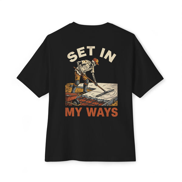 Black heavyweight tee, back print: Set In My Ways skeleton concrete finisher — Boneyard