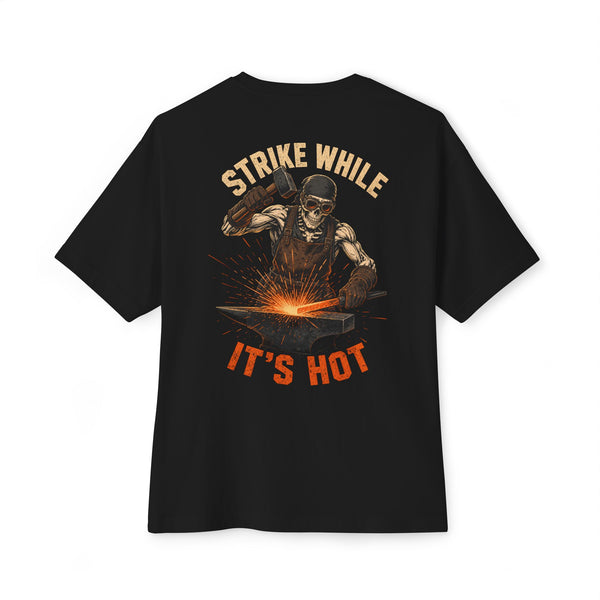 Black heavyweight tee, back print: Strike While It's Hot blacksmith skeleton — Boneyard