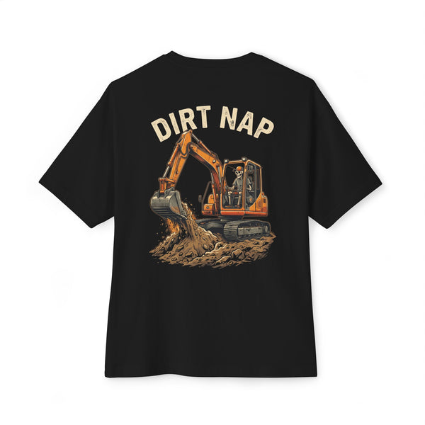 Black heavyweight tee, back print: Dirt Nap skeleton excavator operator — Boneyard