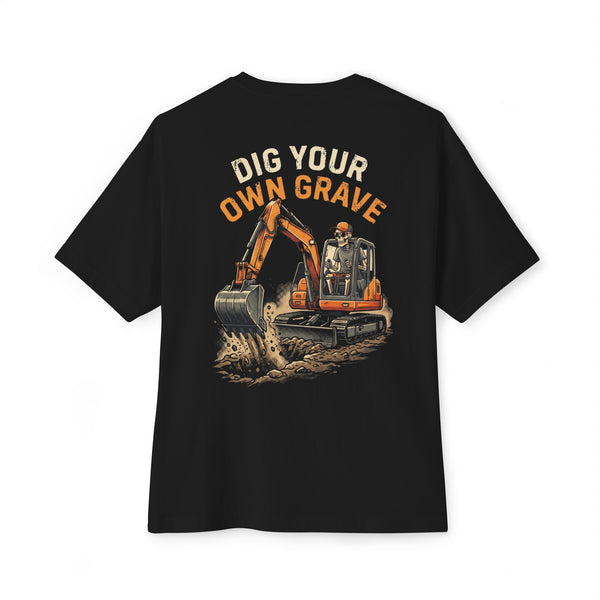 Black heavyweight tee, back print: Dig Your Own Grave excavator skeleton — Boneyard