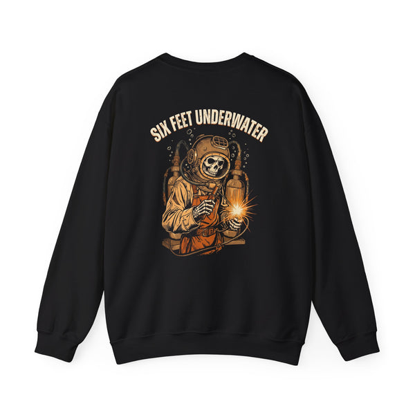 Black/white crewneck, back print: Six Feet Underwater (Welder/diver) — Boneyard