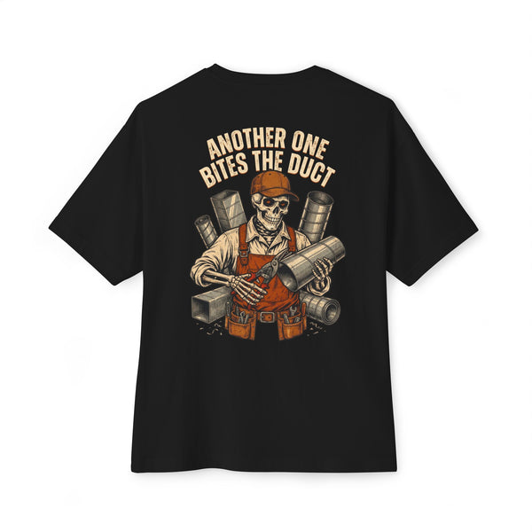 Black heavyweight tee, back print: Another One Bites The Duct skeleton HVAC tech — Boneyard