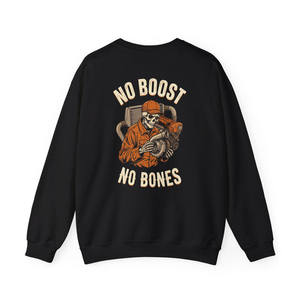 Black crewneck, back print: No Boost No Bones (Mechanic) — Boneyard