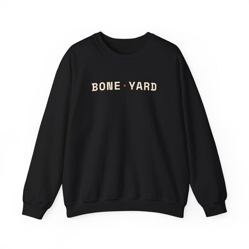 Black/white crewneck, back print: Death By Deadline — Boneyard