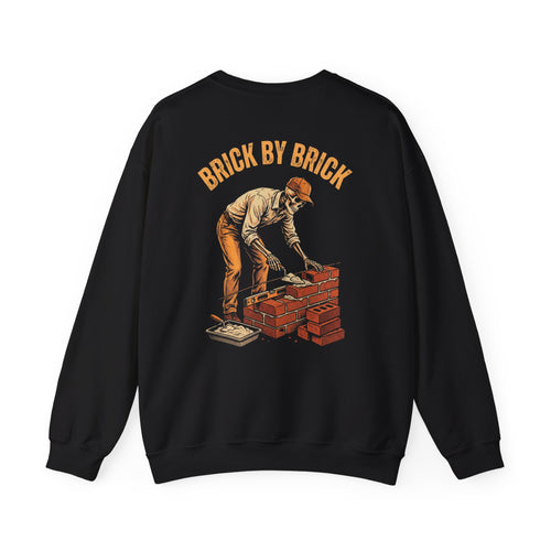 Black/white crewneck, back print: Brick By Brick (Mason) — Boneyard