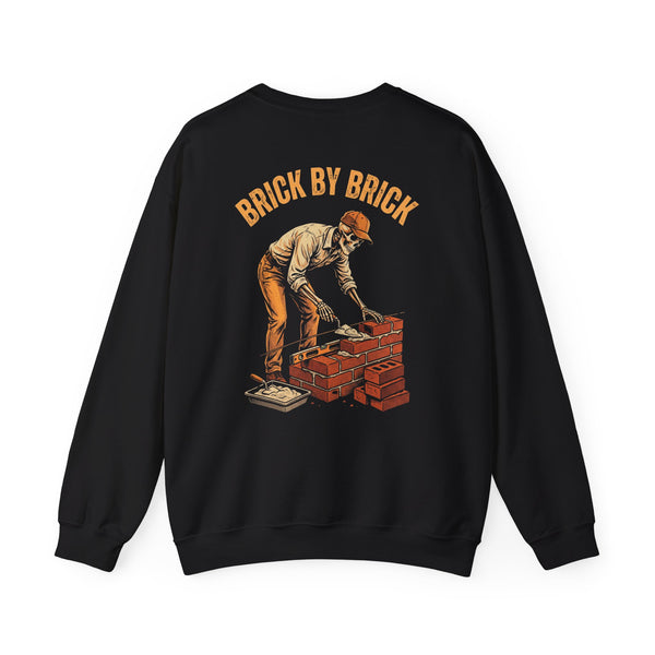 Black/white crewneck, back print: Brick By Brick (Mason) — Boneyard