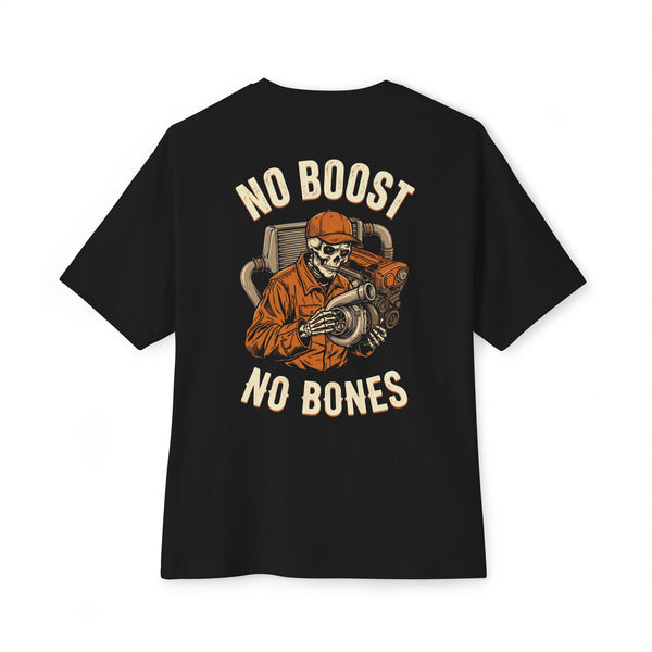 Black heavyweight tee, back print: No Boost No Bones mechanic skeleton — Boneyard