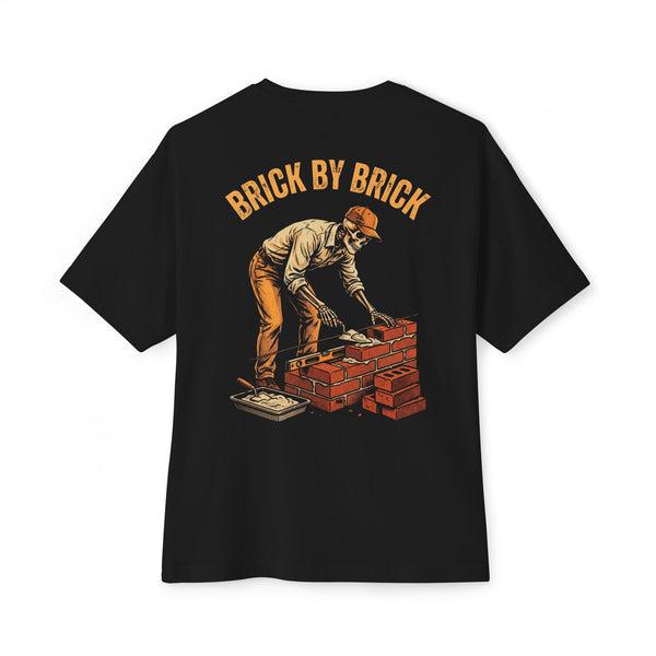 Black heavyweight tee, back print: Brick By Brick skeleton mason — Boneyard