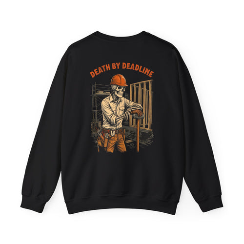 Black/white crewneck, back print: Death By Deadline — Boneyard