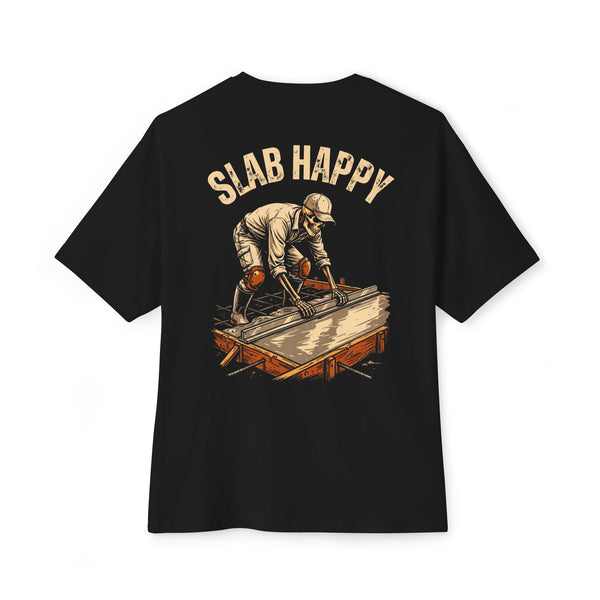 Black heavyweight tee, back print: Slab Happy skeleton concrete finisher — Boneyard