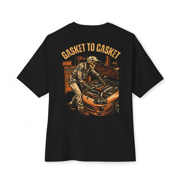 Black heavyweight tee, back print: Gasket to Casket auto mechanic skeleton — Boneyard