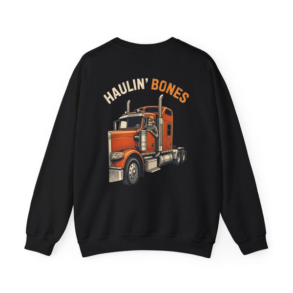 Black/white crewneck, back print: Haulin' Bones — Boneyard