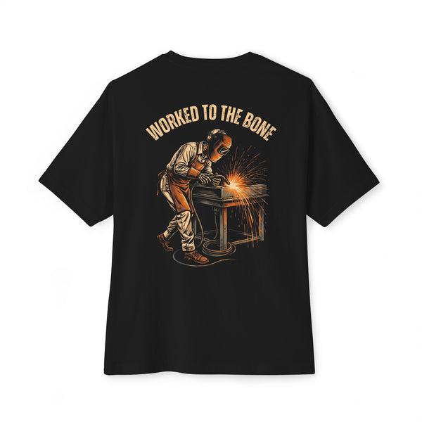 Black heavyweight tee, back print: Worked to the Bone welder skeleton — Boneyard