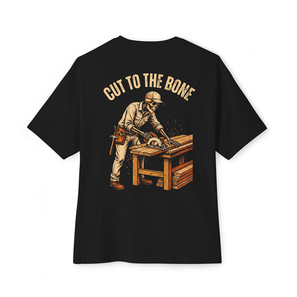 Black heavyweight tee, back print: Cut To The Bone carpenter skeleton — Boneyard