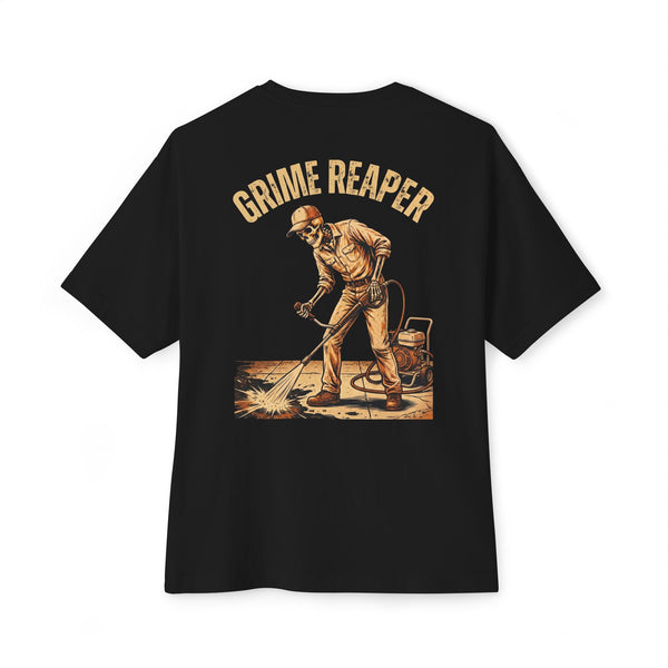 Black heavyweight tee, back print: Grime Reaper pressure washer skeleton — Boneyard