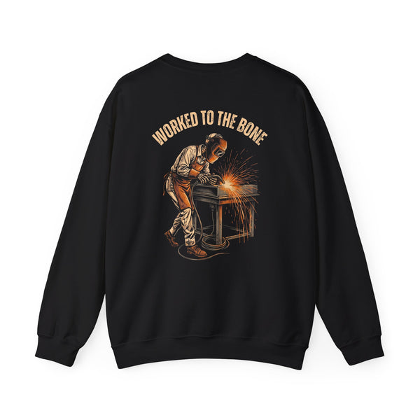 Black/white crewneck, back print: Worked To The Bone (Welder) — Boneyard