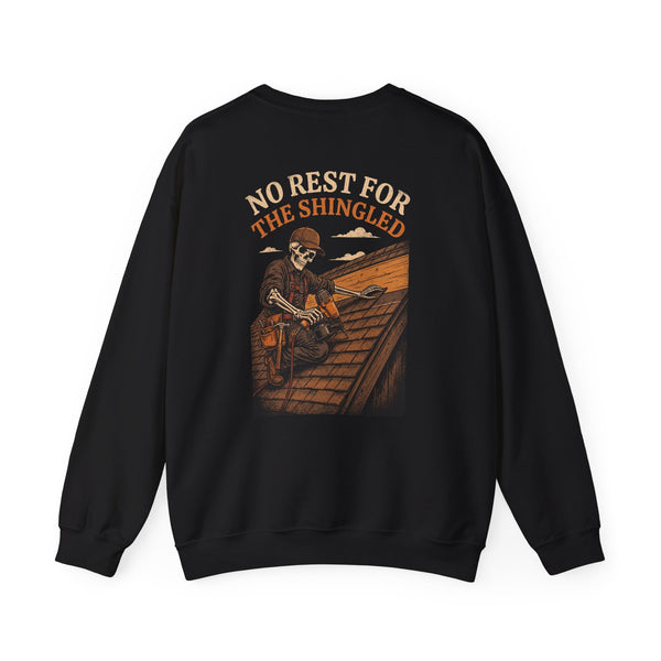 Black crewneck, back print: No Rest For The Shingled — Boneyard