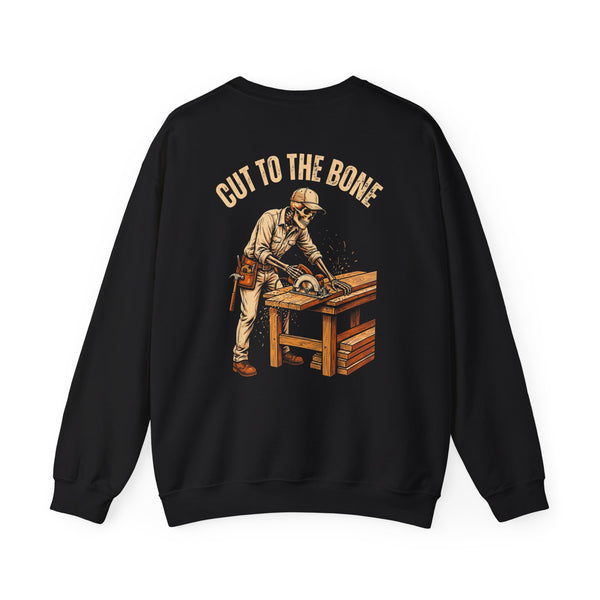 Black crewneck, back print: Cut To The Bone — Boneyard