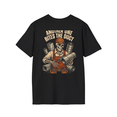 Another One Bites The Duct — HVAC skeleton design, back of black Boneyard tee