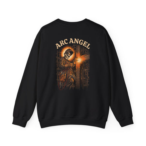 Black crewneck, back print: Arc Angel (Welder) — Boneyard