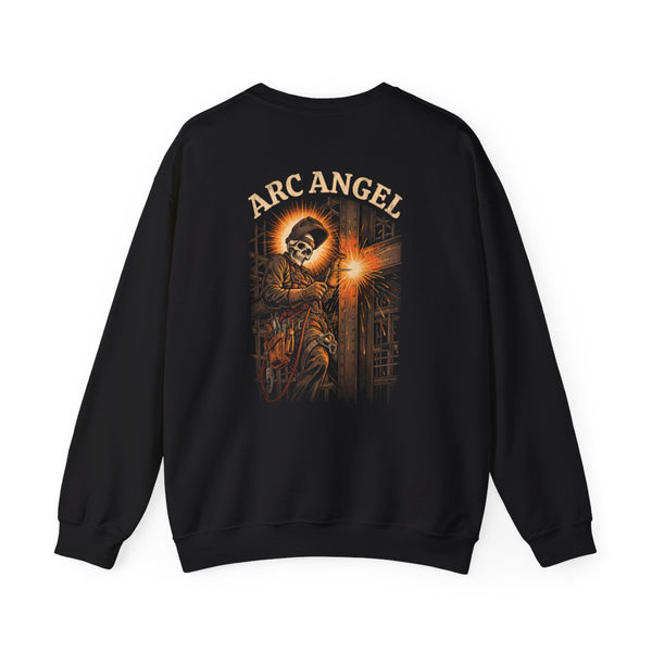 Black crewneck, back print: Arc Angel (Welder) — Boneyard