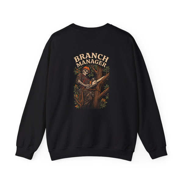 Black crewneck, back print: Branch Manager (Arborist) — Boneyard