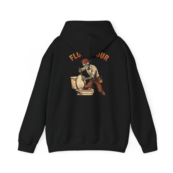Flush Hour — Plumber Hoodie — back, black Hoodie