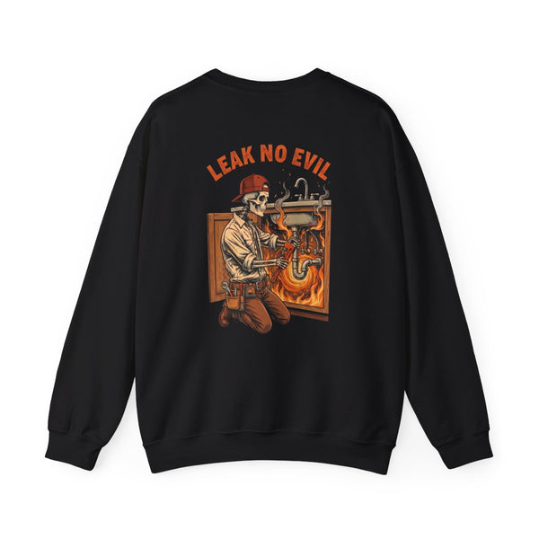 Black crewneck, back print: Leak No Evil (Plumber) — Boneyard