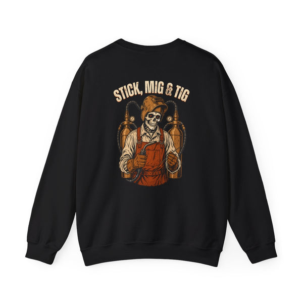 Black crewneck, back print: Stick, MIG & TIG (Welder) — Boneyard